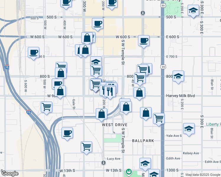 map of restaurants, bars, coffee shops, grocery stores, and more near 858 Jefferson Street West in Salt Lake City