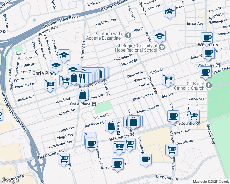 map of restaurants, bars, coffee shops, grocery stores, and more near 143 Earl St in Westbury