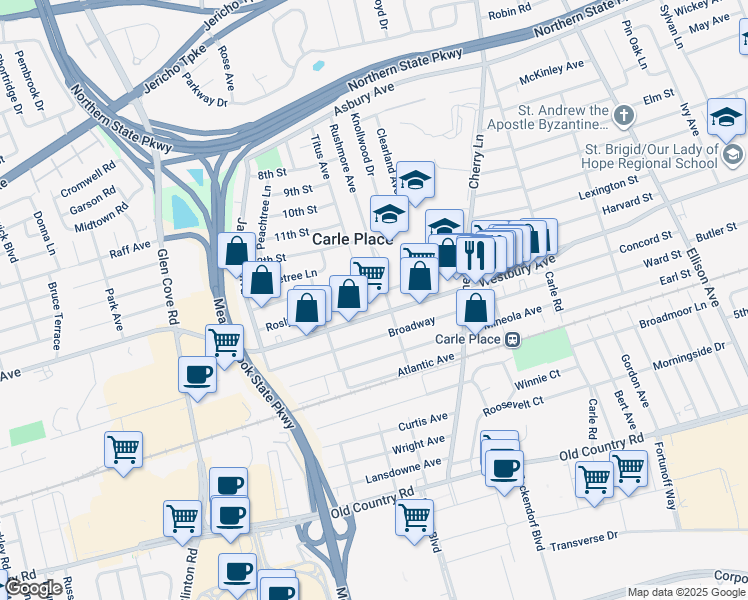 map of restaurants, bars, coffee shops, grocery stores, and more near 344 Roslyn Avenue in Carle Place