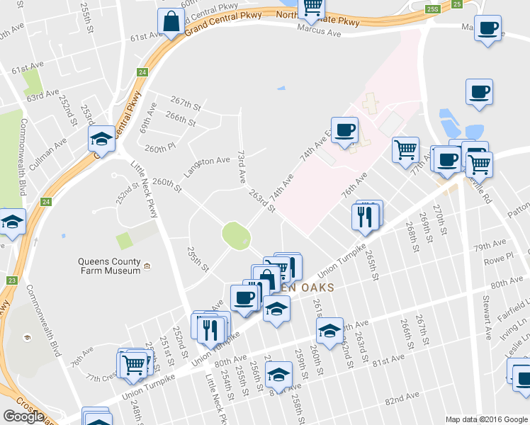 map of restaurants, bars, coffee shops, grocery stores, and more near 260-33 74th Avenue in Queens