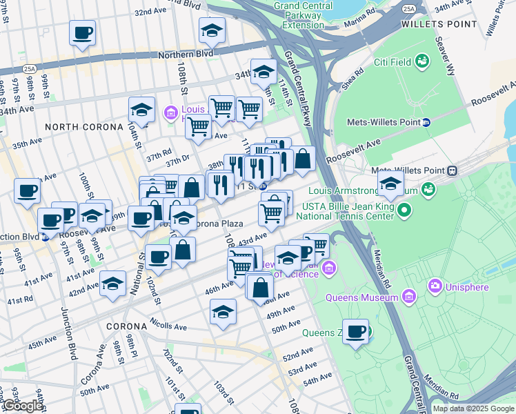 map of restaurants, bars, coffee shops, grocery stores, and more near 41-12 111th Street in Queens