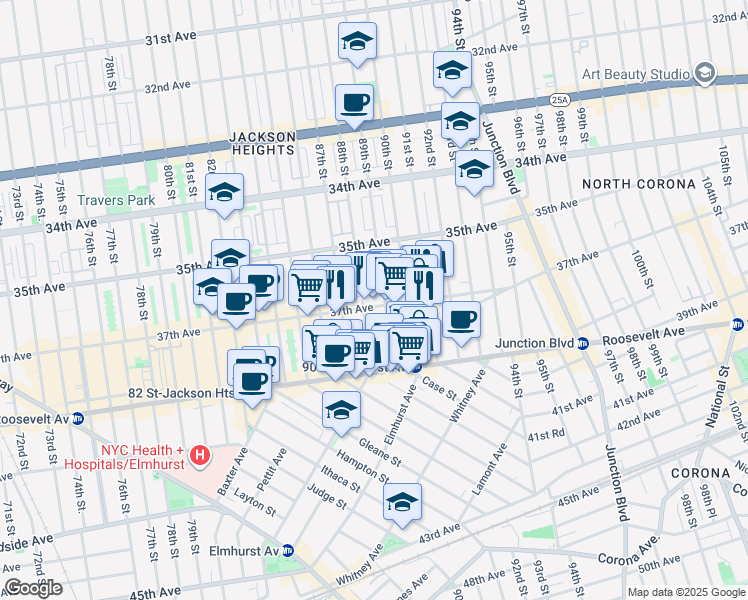 map of restaurants, bars, coffee shops, grocery stores, and more near 89-16 37th Avenue in Queens