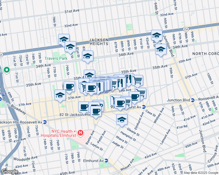 map of restaurants, bars, coffee shops, grocery stores, and more near 85-15 37th Avenue in Queens