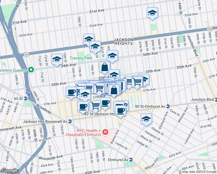 map of restaurants, bars, coffee shops, grocery stores, and more near 3550 81st Street in Queens