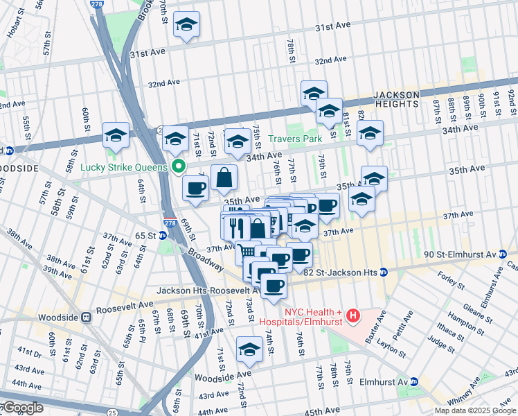 map of restaurants, bars, coffee shops, grocery stores, and more near in Queens