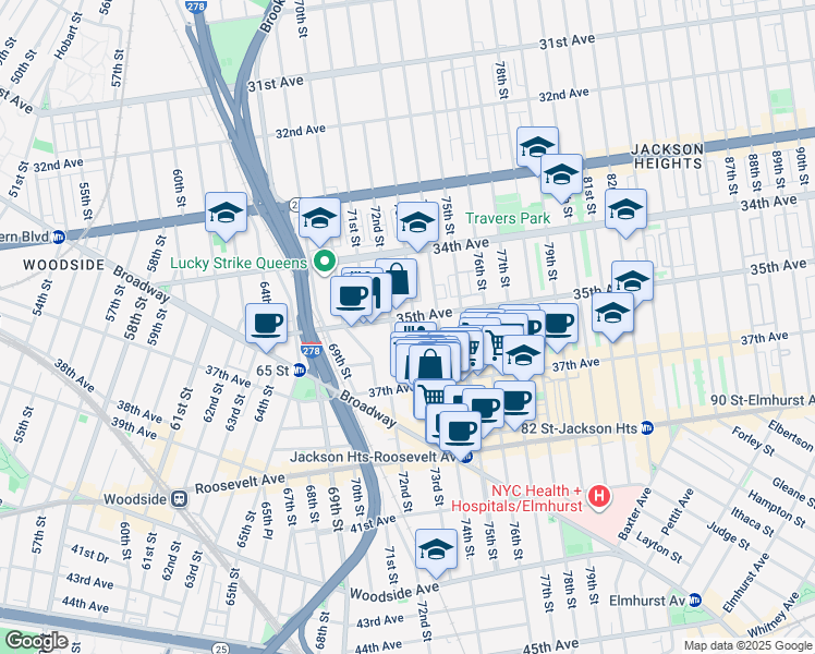 map of restaurants, bars, coffee shops, grocery stores, and more near 35-02 73rd Street in Queens