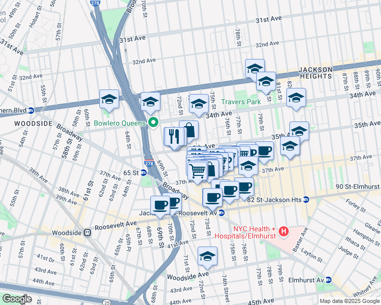 map of restaurants, bars, coffee shops, grocery stores, and more near 35-02 73rd Street in Queens