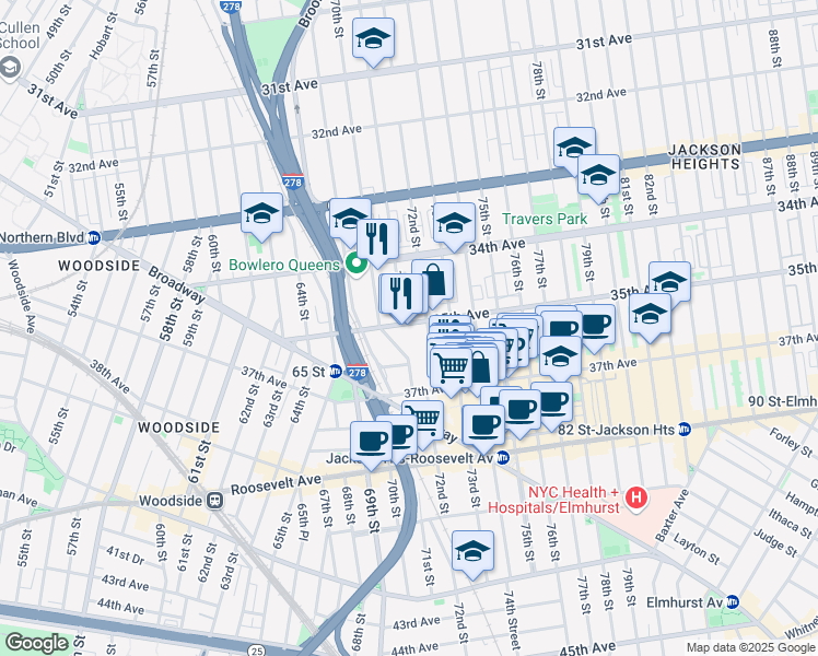 map of restaurants, bars, coffee shops, grocery stores, and more near 7112 35th Avenue in Queens