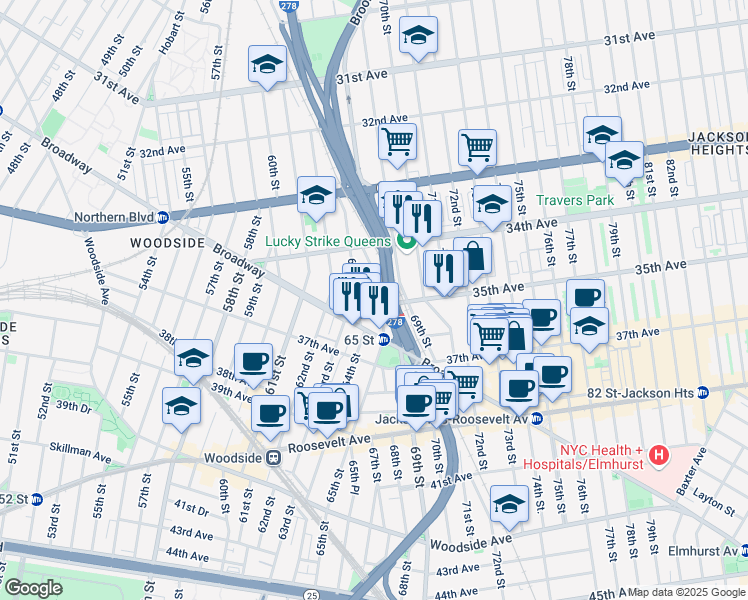 map of restaurants, bars, coffee shops, grocery stores, and more near 64-19 35th Avenue in Queens