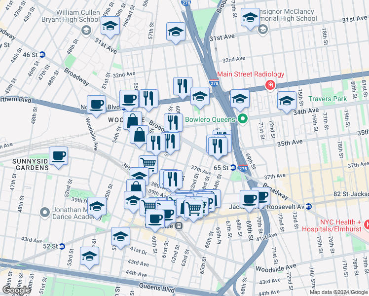map of restaurants, bars, coffee shops, grocery stores, and more near 34-53 60th Street in Queens