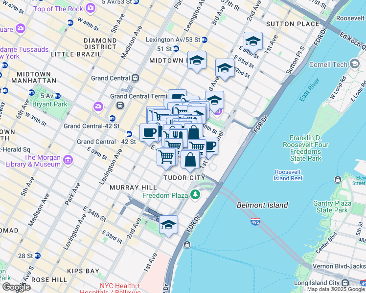 map of restaurants, bars, coffee shops, grocery stores, and more near 303 East 43rd Street in New York