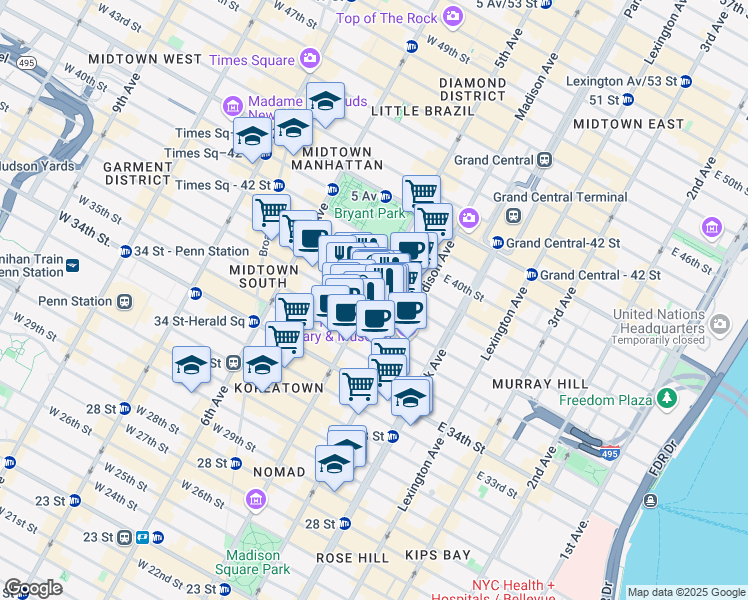 map of restaurants, bars, coffee shops, grocery stores, and more near 1376 West 38th Street in New York