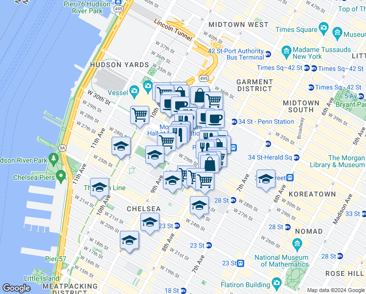 map of restaurants, bars, coffee shops, grocery stores, and more near 370 West 30th Street in New York