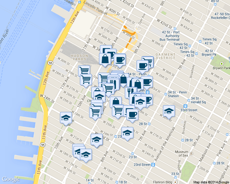 map of restaurants, bars, coffee shops, grocery stores, and more near 370 West 30th Street in New York