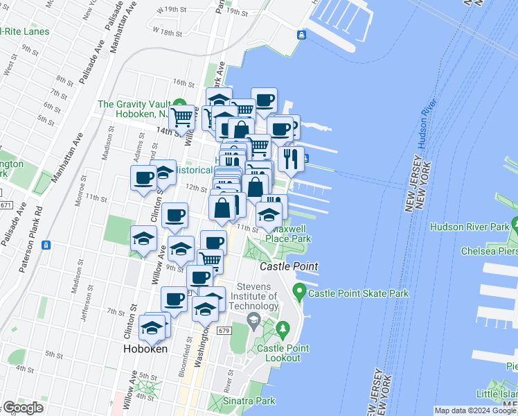 map of restaurants, bars, coffee shops, grocery stores, and more near 1150 Maxwell Lane in Hoboken