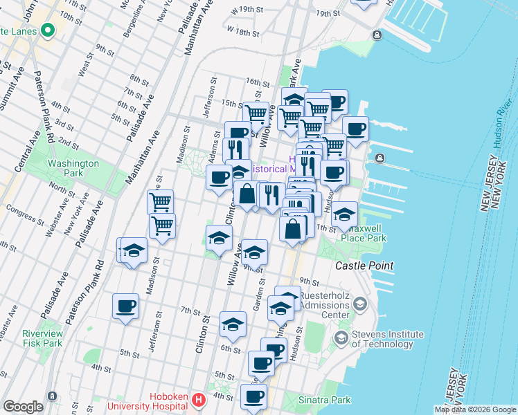 map of restaurants, bars, coffee shops, grocery stores, and more near 216 11th Street in Hoboken