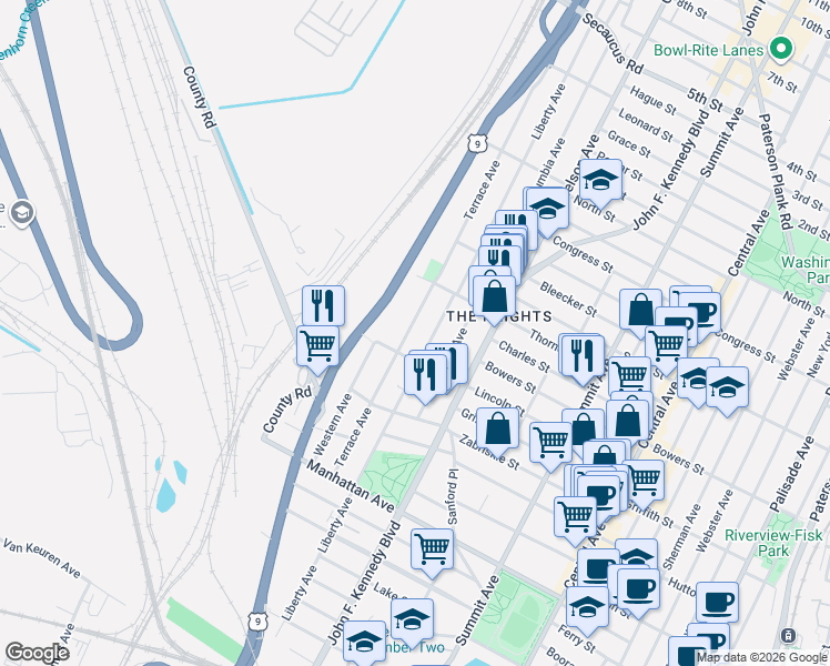 map of restaurants, bars, coffee shops, grocery stores, and more near 403 County Road 647 in Jersey City
