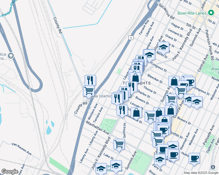 map of restaurants, bars, coffee shops, grocery stores, and more near 119 Terrace Avenue in Jersey City