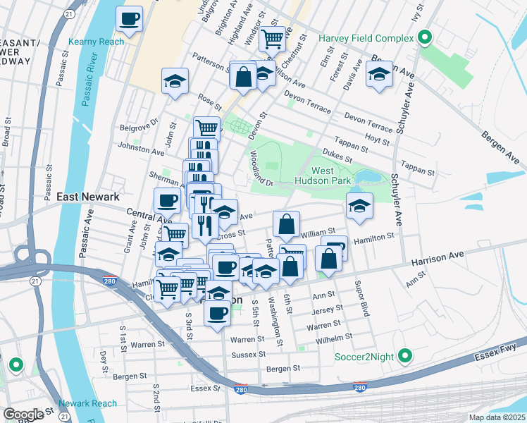 map of restaurants, bars, coffee shops, grocery stores, and more near 524 Central Avenue in Harrison