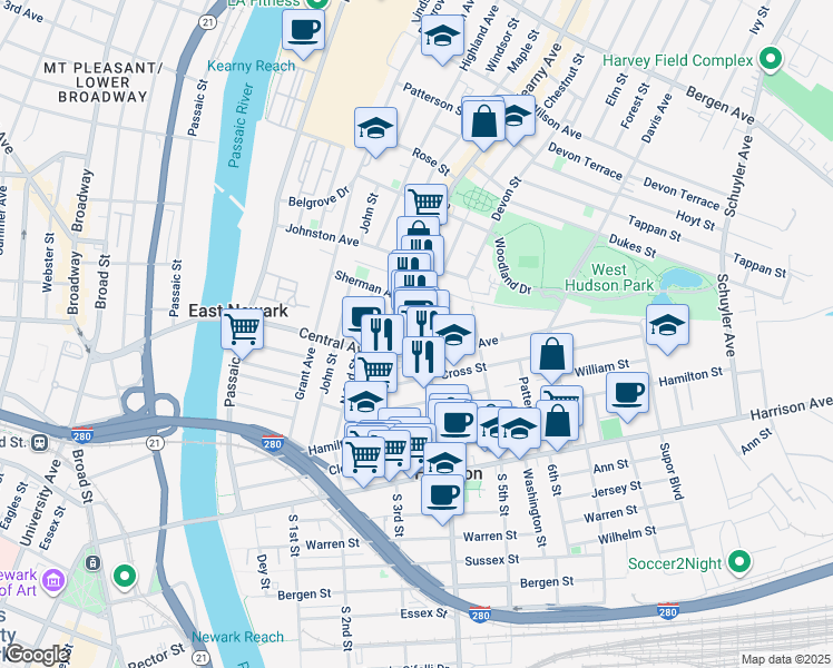 map of restaurants, bars, coffee shops, grocery stores, and more near 511 Frank E Rodgers Boulevard North in Harrison