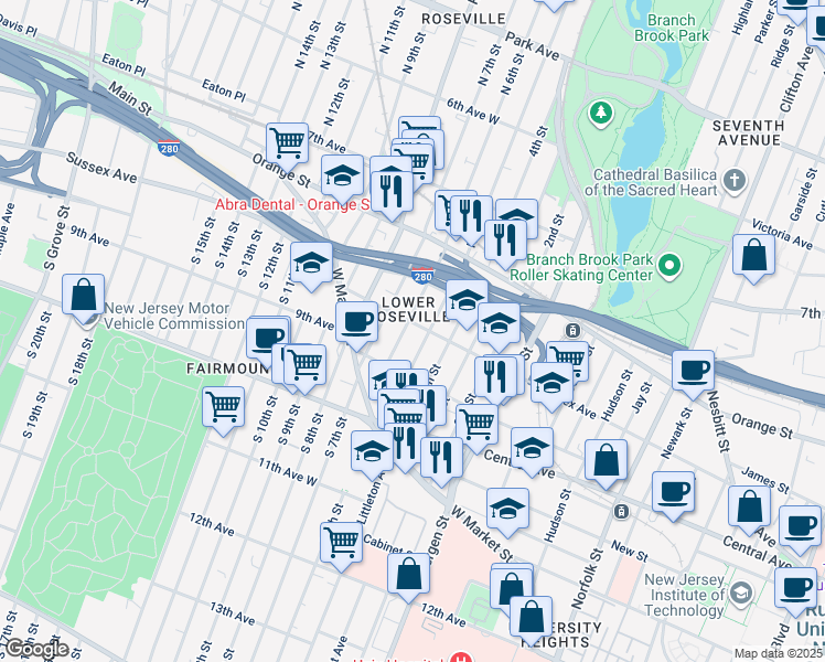 map of restaurants, bars, coffee shops, grocery stores, and more near 63 North 6th Street in Newark
