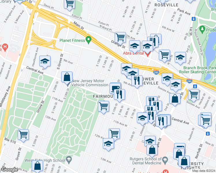 map of restaurants, bars, coffee shops, grocery stores, and more near 114 South 12th Street in Newark