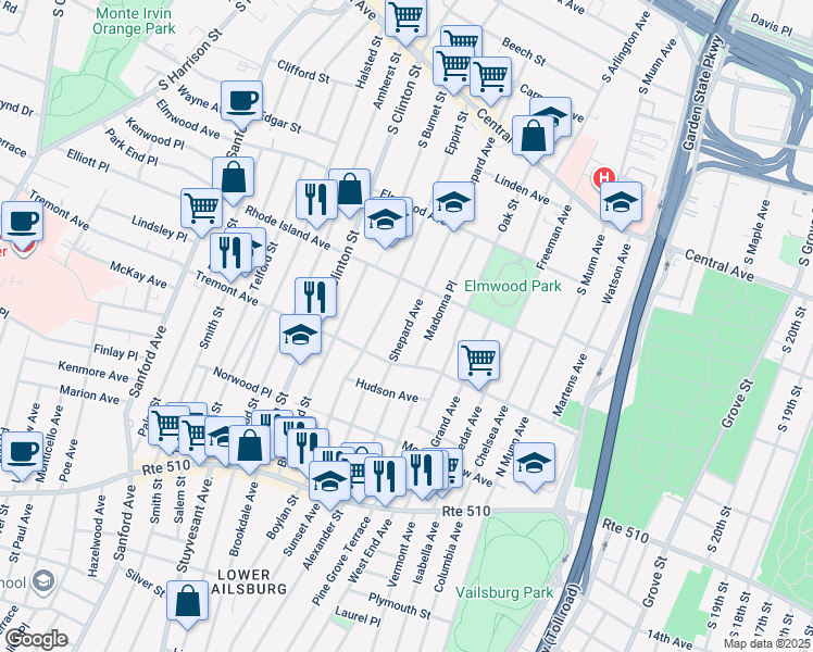 map of restaurants, bars, coffee shops, grocery stores, and more near 263 Shepard Avenue in East Orange