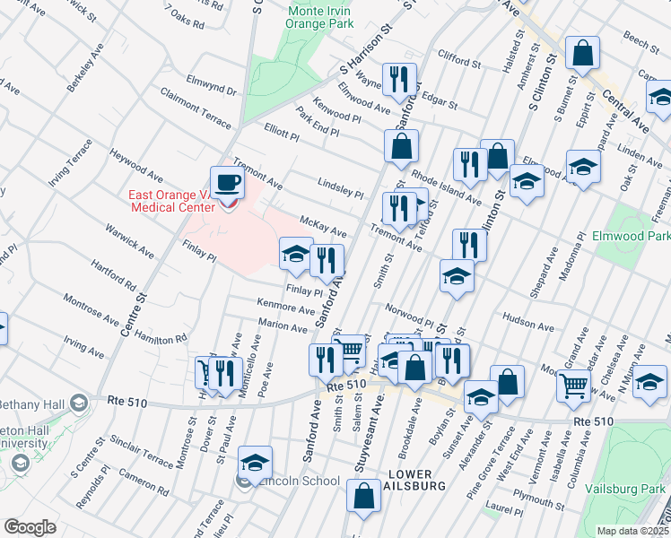 map of restaurants, bars, coffee shops, grocery stores, and more near 312 Sanford Avenue in Newark