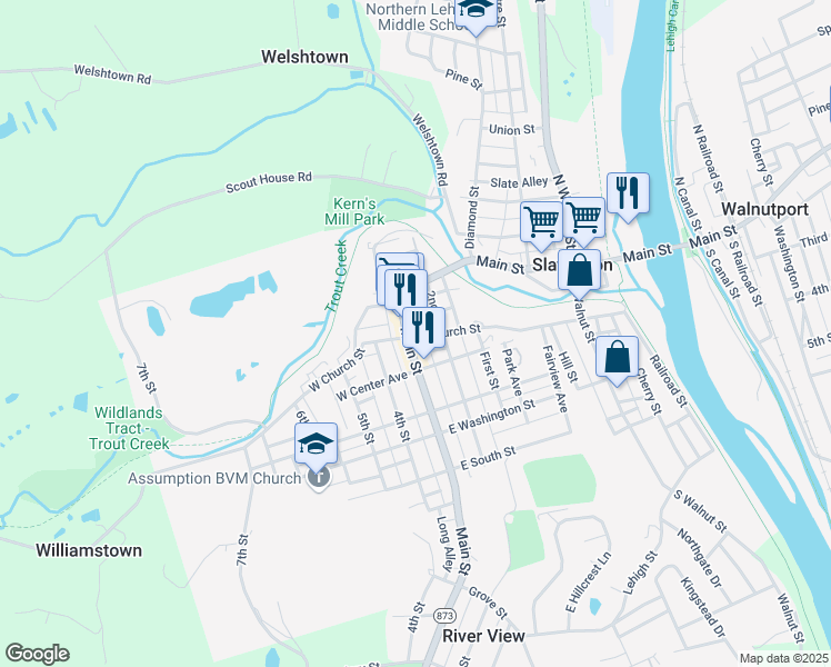 map of restaurants, bars, coffee shops, grocery stores, and more near 230 East Church Street in Slatington