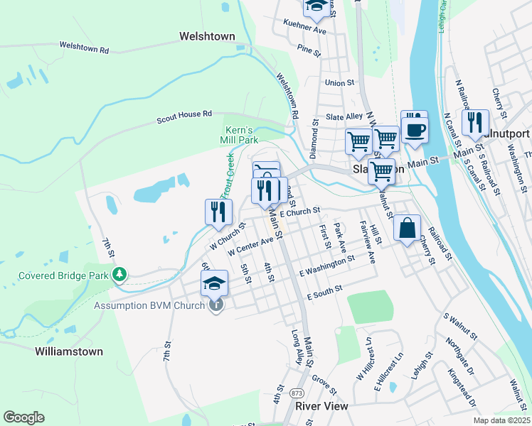 map of restaurants, bars, coffee shops, grocery stores, and more near 318 West Church Street in Slatington