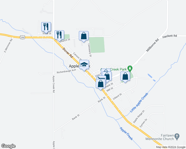 map of restaurants, bars, coffee shops, grocery stores, and more near 102 West Main Street in Apple Creek
