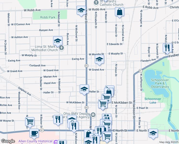 map of restaurants, bars, coffee shops, grocery stores, and more near 225 W Grand Ave in Lima
