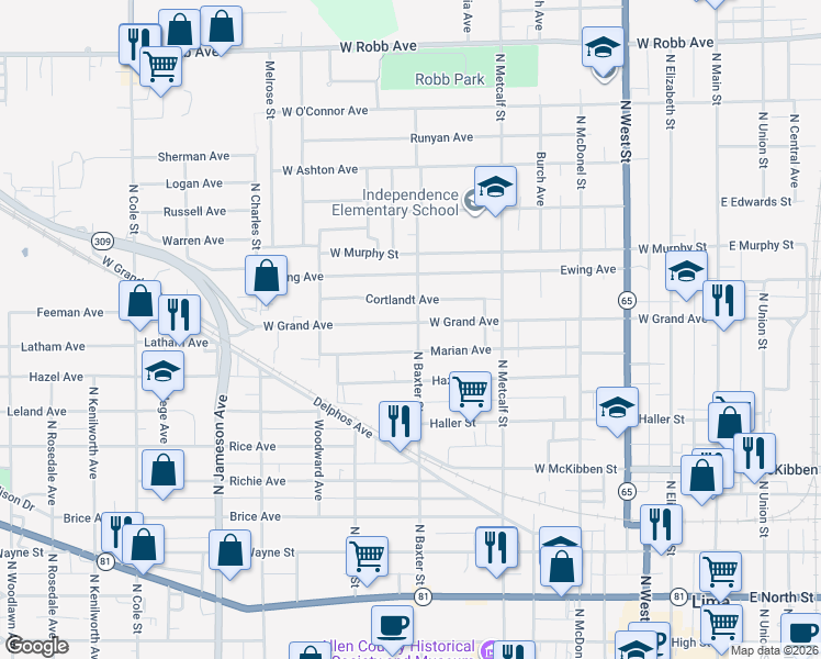 map of restaurants, bars, coffee shops, grocery stores, and more near 847 North Baxter Street in Lima