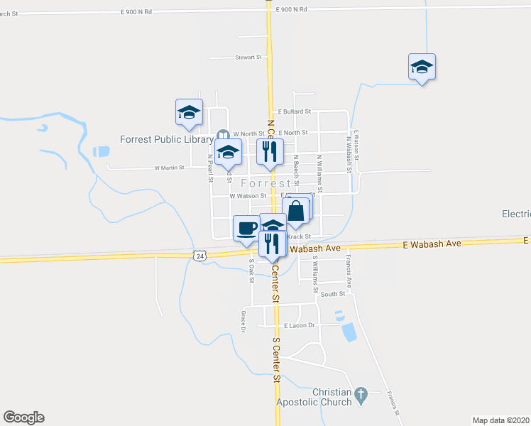 map of restaurants, bars, coffee shops, grocery stores, and more near 121 West John Street in Forrest