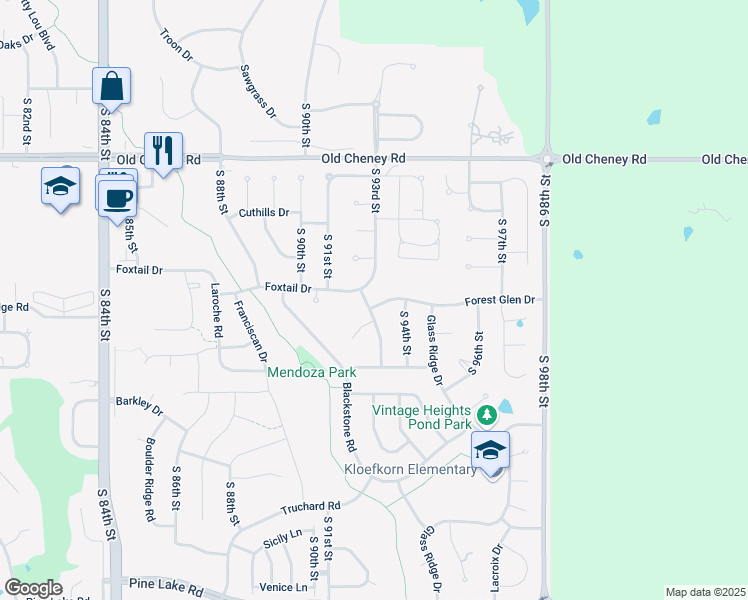 map of restaurants, bars, coffee shops, grocery stores, and more near 9321 Forest Glen Drive in Lincoln