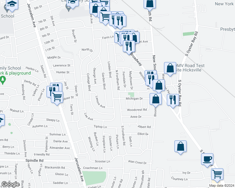 map of restaurants, bars, coffee shops, grocery stores, and more near 70 North Fordham Road in Hicksville