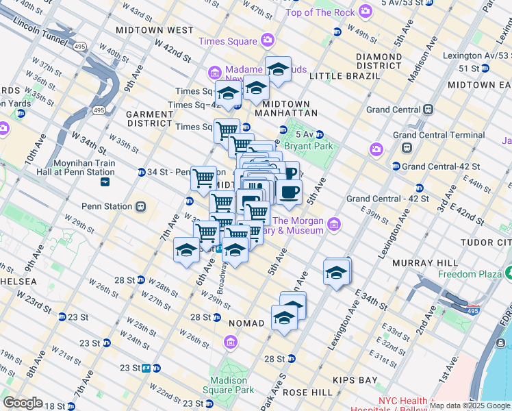 map of restaurants, bars, coffee shops, grocery stores, and more near 60 West 36th Street in New York