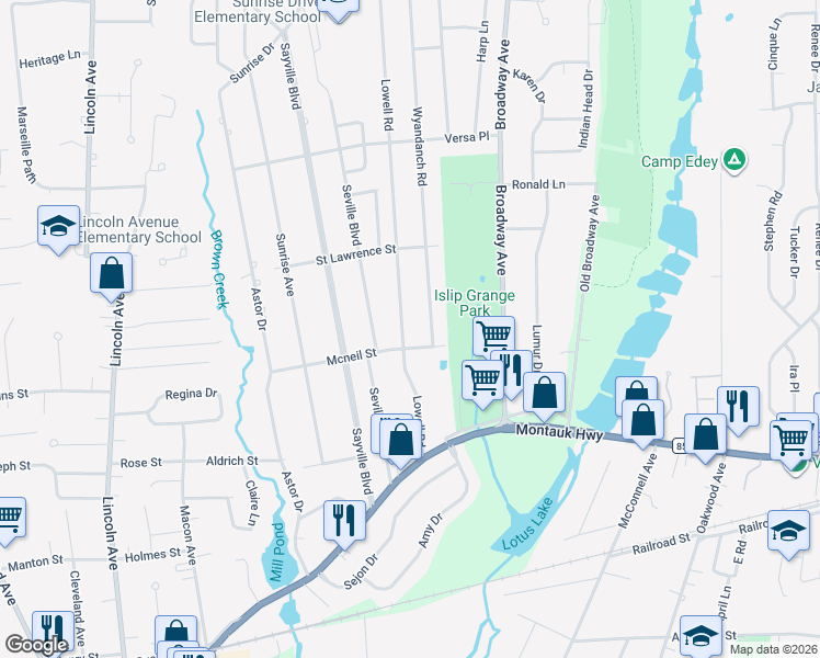 map of restaurants, bars, coffee shops, grocery stores, and more near 115 Lowell Road in Sayville