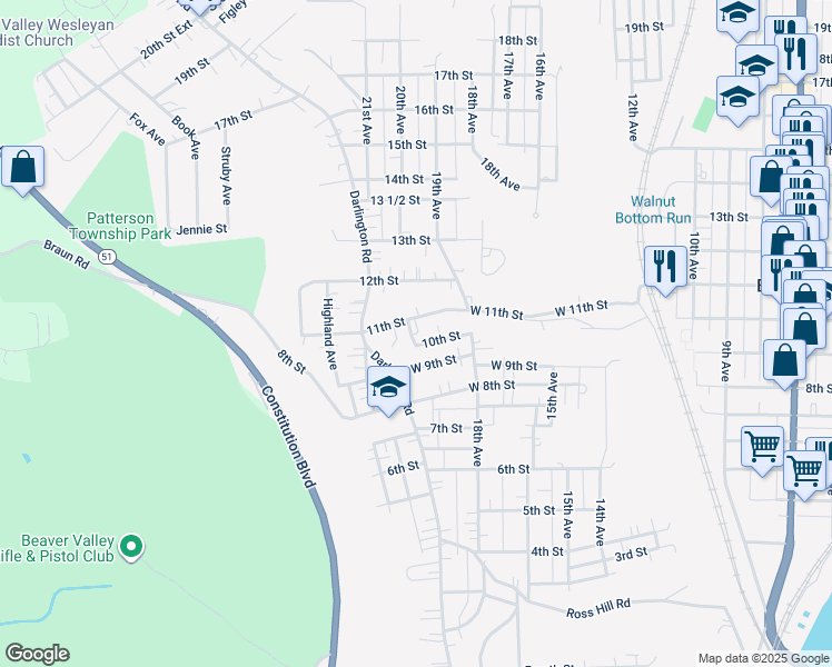 map of restaurants, bars, coffee shops, grocery stores, and more near 1824 10th Street in Beaver Falls