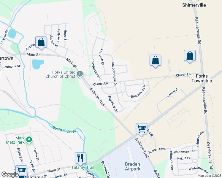 map of restaurants, bars, coffee shops, grocery stores, and more near 1475 Falwood Drive in Easton