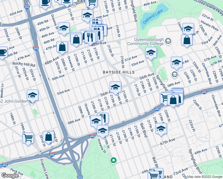 map of restaurants, bars, coffee shops, grocery stores, and more near 213-03 56th Avenue in Queens