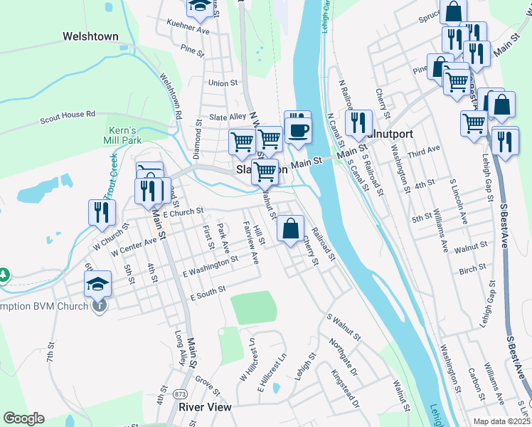 map of restaurants, bars, coffee shops, grocery stores, and more near 112 S Walnut St in Slatington