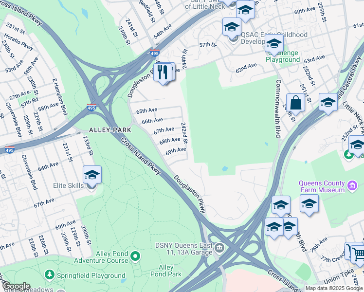 map of restaurants, bars, coffee shops, grocery stores, and more near 240-51 69th Avenue in Queens