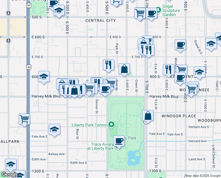 map of restaurants, bars, coffee shops, grocery stores, and more near 860 Park Street in Salt Lake City