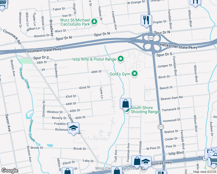 map of restaurants, bars, coffee shops, grocery stores, and more near 297 Brookville Avenue in Islip