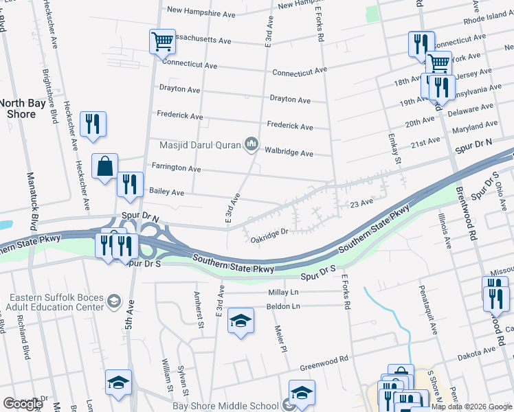 map of restaurants, bars, coffee shops, grocery stores, and more near 561 Spur Drive North in Bay Shore