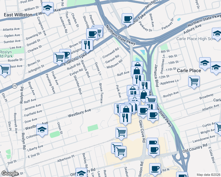 map of restaurants, bars, coffee shops, grocery stores, and more near 216 Fairfield Avenue in Carle Place