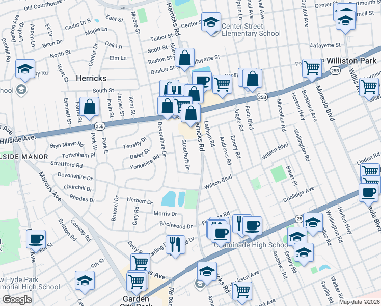 map of restaurants, bars, coffee shops, grocery stores, and more near 27 Stoothoff Drive in New Hyde Park