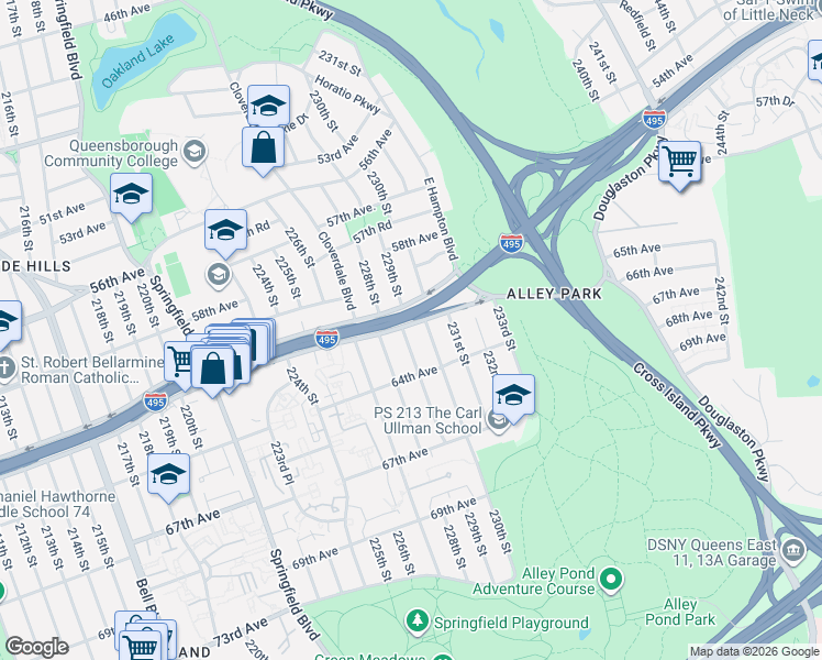 map of restaurants, bars, coffee shops, grocery stores, and more near 61-11 229th Street in Queens