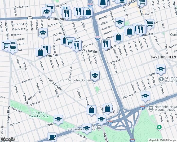 map of restaurants, bars, coffee shops, grocery stores, and more near 201-14 50th Avenue in Queens